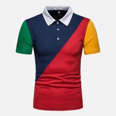 Mens Contrast Color Splice Turn Down Collar Short Sleeve Loose Golf Shirts