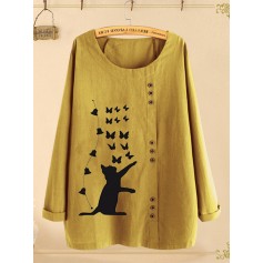 Cat Butterfly Print Button Long Sleeve Plus Size Blouse