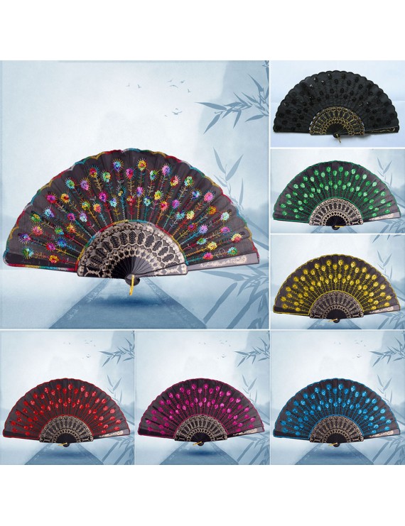 Trendy Chinese Peacock Pattern Sequin Fabric Hand Decorative Fan