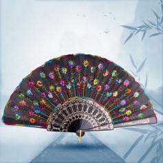 Trendy Chinese Peacock Pattern Sequin Fabric Hand Decorative Fan