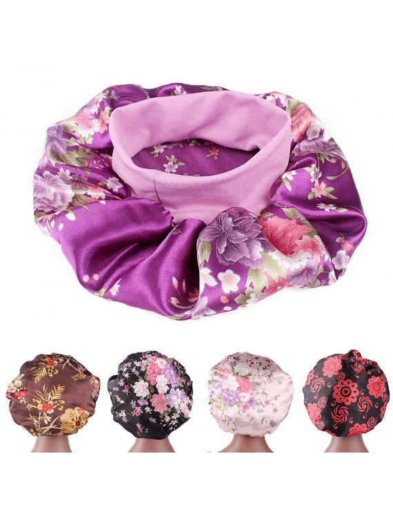 Flower Pattern Silk Satin Hat Night Sleep Cap Wide Side Hair Care Beauty Head Cover Elastic Band