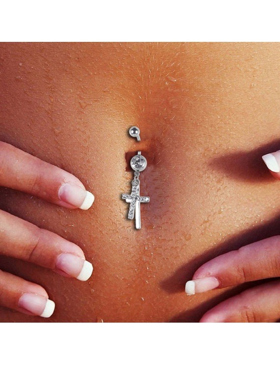 New Rhinestone Double Cross Dangle Navel Belly Button Barbell Ring Body Piercing