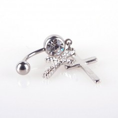 New Rhinestone Double Cross Dangle Navel Belly Button Barbell Ring Body Piercing