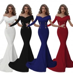 Women Sexy Off Shoulder Mermaid Evening Dress Ladies Long Sleeves Double-breasted Buttoning Elegant Party Dress