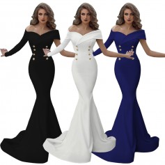Women Sexy Off Shoulder Mermaid Evening Dress Ladies Long Sleeves Double-breasted Buttoning Elegant Party Dress