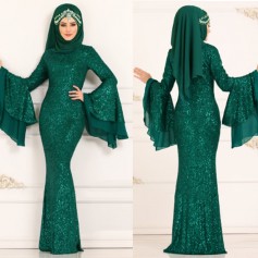 Plus Size Luxury Muslim Dress Elegant Women Long Sleeve Robe Gowns Ladies Sequin Party Dresses Eid Mubarak Abaya Jubah Ramadan Islamic