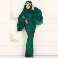 Plus Size Luxury Muslim Dress Elegant Women Long Sleeve Robe Gowns Ladies Sequin Party Dresses Eid Mubarak Abaya Jubah Ramadan Islamic