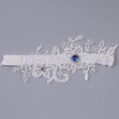 Women Wedding White Lace Garters with Blue Rhinestone Female Bride Embroidery Floral Leg Garter Ladies Sexy Thigh Ring