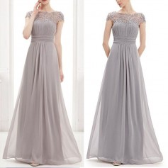 Elegant Evening Dresses with Lace Female Open Back Ruched Bust Cap Sleeve Long Floor-Sweeping A-line Skirt