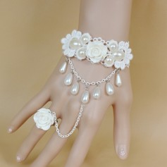 Korean Style Wedding Bracelet with Pearl Female Lace Briding  with White Rose Ring Bridal  Flower Ring Bracelet
