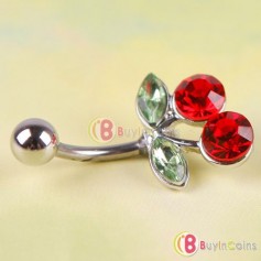 Pretty Rhinestone Red Cherry Navel Belly Button Barbell Ring Body Piercing