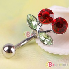 Pretty Rhinestone Red Cherry Navel Belly Button Barbell Ring Body Piercing