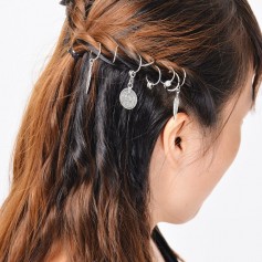 8 Pcs Tibetan Silver Coin Leaves Pendant Charms Rings Set Hair Clip Headband Accessories for Pierced Braid