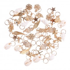 50 Pcs Gold Shell Hands Leaves Star Conch Snowflake Pendant Charms Rings Set Hair Clip Headband Accessories for Pierced Braid