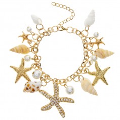 Women Fashion Sea Shell Starfish Faux Pearl Pendant Gold Bracelet Bib Statement Jewelry Gift