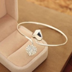 Hot Fashion Crystal Love Heart Women Silver Plated Bangle Cuff Bracelet Jewelry