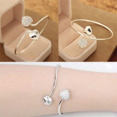 Hot Fashion Crystal Love Heart Women Silver Plated Bangle Cuff Bracelet Jewelry