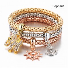 3 Pcs/Set New Crystal Butterfly Heart Lock & Key Shape Pendant Multi-layer Elastic Bracelet Bangle Punk Jewelry