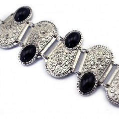 Women Fashion Vintage Silver Bohemia Ethnic Carved Bangles Black Gem Bracelets