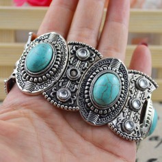 Hot Women Vintage Natural Oval Turquoise Wide Bangle Tibetan Silver Bracelet