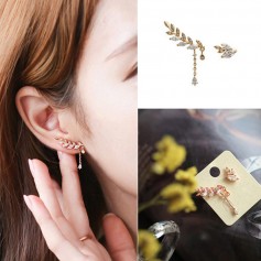 1 Pair New Women Asymmetry Leaves Crystal Rhinestone Ear Studs Drop Earrings