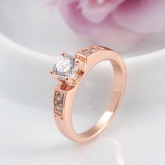 Womens 18K Rose Gold Plated Round Diamond Crystal Solitaire Ring Charm Jewelry
