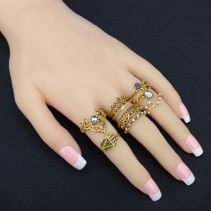 10 Pcs/Set Women Bohemian Gemstone Fatima Hand Crown Hollow Caved Geometric Diamond Joint Knuckle Rings