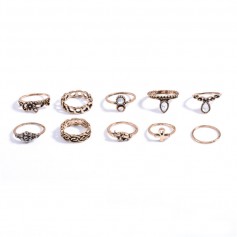 10Pcs/Set Vintage Gold Silver Knuckle Carved Crystal Gem Elephant Moon Midi Ring