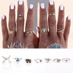 7Pcs/Set Bohemian Sliver Plated Knuckle Ring Turquoise Arrow Moon Open Midi Ring