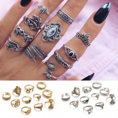 11 Pcs/Set Women Bohemian Vintage Silver Gold Geometry Gemstone Open Finger Rings Hollow Carved Punk Knuckle Ring Jewelry Gifts