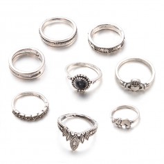 8 Pcs/Set Women Bohemian Gemstone Crown Elephant Hollow Heart Carved Flower Geometric Diamond Joint Knuckle Rings