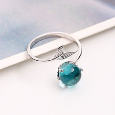 Fish Tail Ring Blue Rhinestone Open Ring Silver Adjustable Ring Gift Korean Style Moonstone Jewelry Gift For Women Girls