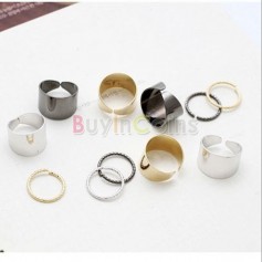 New 6PCS Design Metal Silver Polished Surface Simple Wide Joints Opening Rings Set