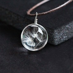 Fashion Handmade Crystal Glass Ball Dandelion Necklace Leather Chain Pendant
