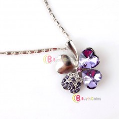 Sweet Fashion Crystal Rhinestone Peach Heart Four Leaf Clover Pendant Necklace