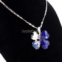 Sweet Fashion Crystal Rhinestone Peach Heart Four Leaf Clover Pendant Necklace