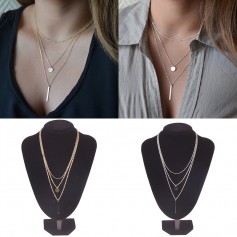 Women Gold Silver Chain 3-Layer Tassels Pendant Necklace Statement Bib Choker