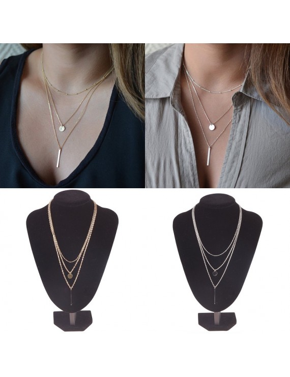 Women Gold Silver Chain 3-Layer Tassels Pendant Necklace Statement Bib Choker
