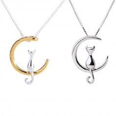 Fashion Fine 925 Silver Cats Moon Pendant Necklace Romantic Alloy Necklaces Women Jewelry Gifts Accessories