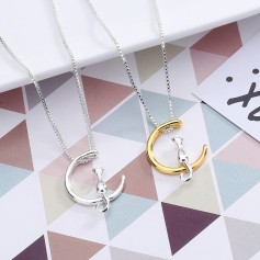 Fashion Fine 925 Silver Cats Moon Pendant Necklace Romantic Alloy Necklaces Women Jewelry Gifts Accessories