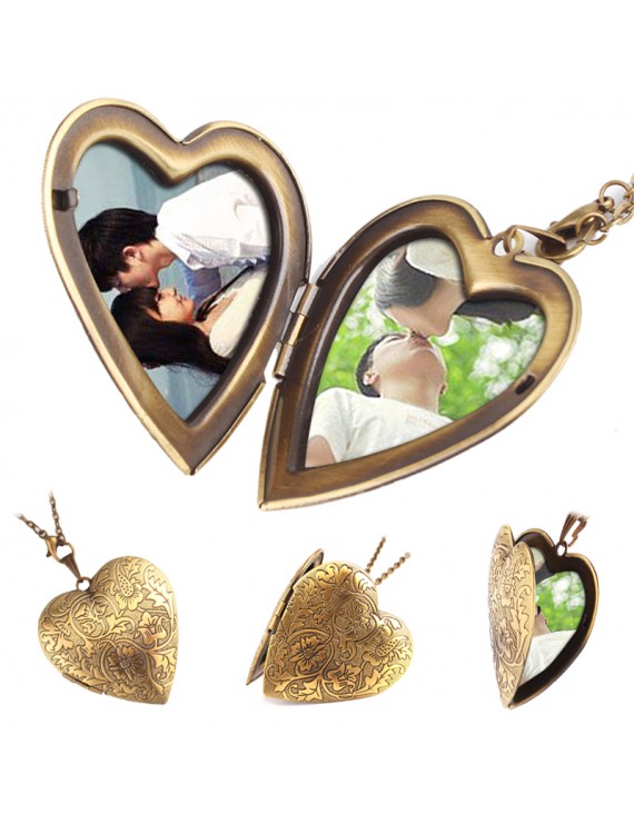 New Hot Woman Man Couple Unisex Bronze Heart Friend Photo Picture Frame Locket Long Chain Pendant Necklace