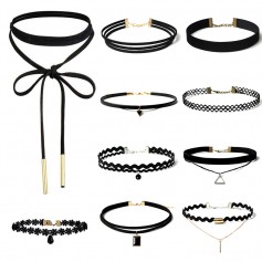 10Pcs/Set Sexy Gothic Punk Velvet Lace Choker Collar Gem Bead Pendant Chain Necklace Women Jewelry