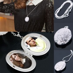 Fashion Women Silver Plated Oval Photo Picture Locket Pendant Necklace Chain