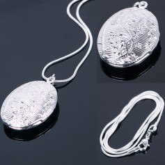 Fashion Women Silver Plated Oval Photo Picture Locket Pendant Necklace Chain