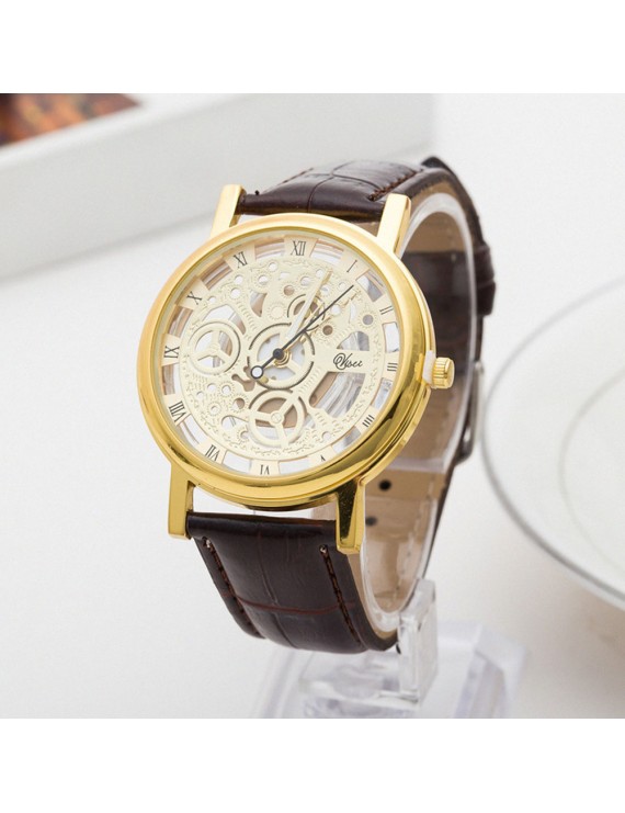 Fashion Men's PU Leather Watch Hollow Mechanical Stainless Steel Military Analog Quartz Wrist Watches
