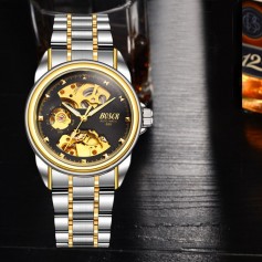 BOSCK Men's Luxury Hollow Mechanical Quartz Watch Waterproof Business Stainless Steel Wristwatches