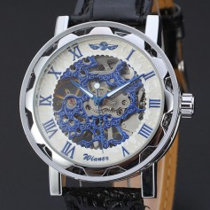 WINNER Men Fashion Luxury Brand Skeleton PU Leather Watch Automatic Mechanical Business Wristwatches