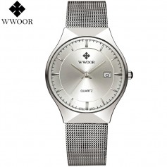 Mens WWOOR Brand Casual Waterproof Watch Stainless Steel Mesh Strap Simple Date Quartz Wrist Watches