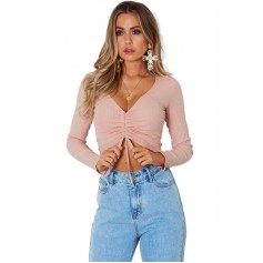 Pink Cinched Lace Up Long Sleeve Crop Top