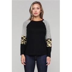 Black Striped and Leopard Color Block Sleeves Top